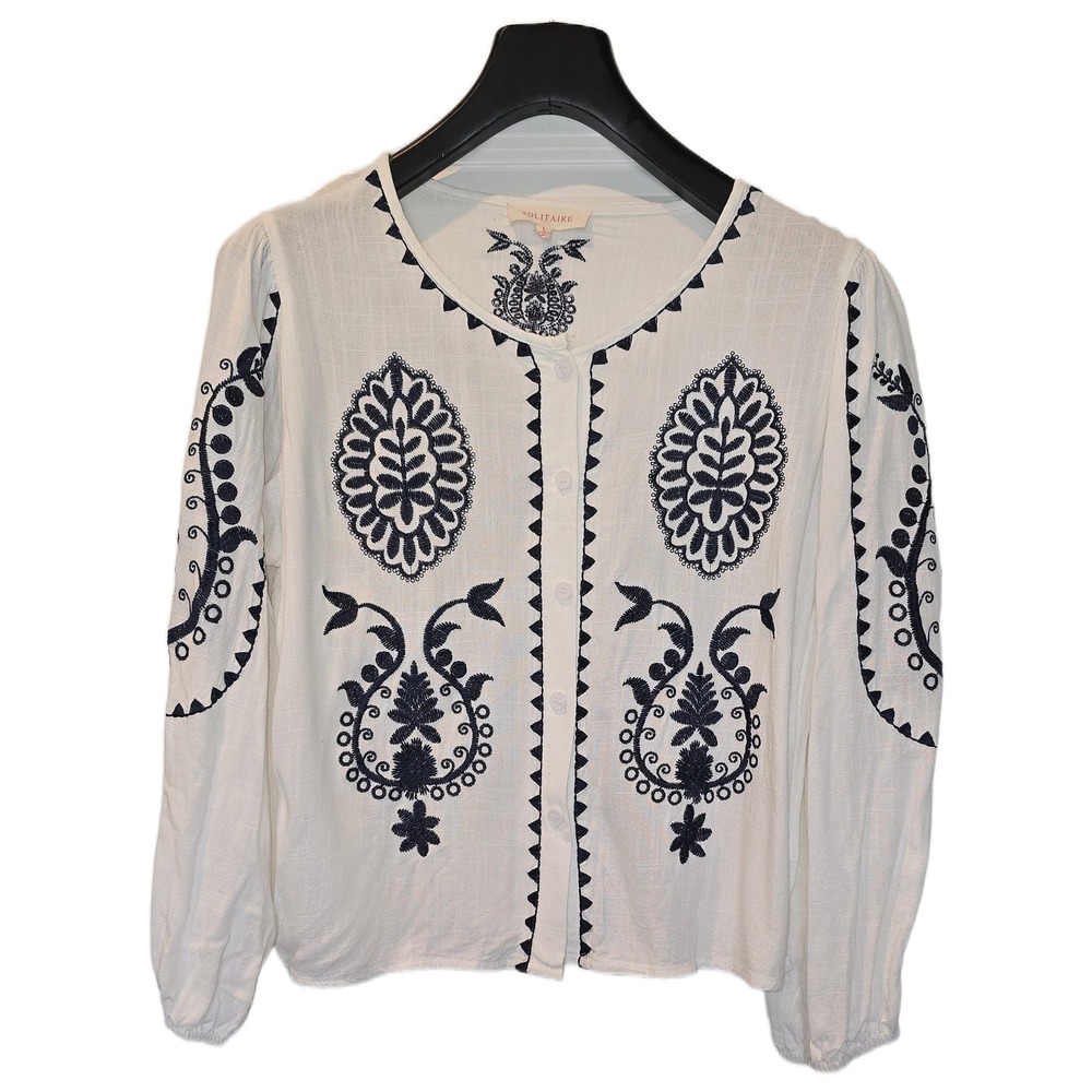 Solitaire Women White Navy Embroidered Linen Blend Button Front Blouse Large